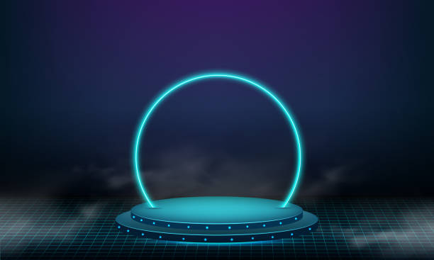 abstract technology cylinder pedestal podium. sci-fi dark empty room concept with circle glowing neon lighting. product display presentation. futuristic wall scene. - 平臺(tái)門戶 幅插畫檔、美工圖案、卡通及圖標(biāo)