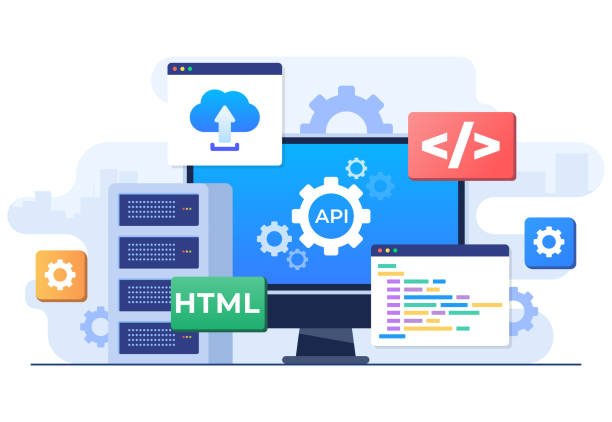 application programming interface concept, api provides the interface for communication between applications, software development tool, internet and networking, simplifying application integration - 系統(tǒng)軟件 幅插畫檔、美工圖案、卡通及圖標